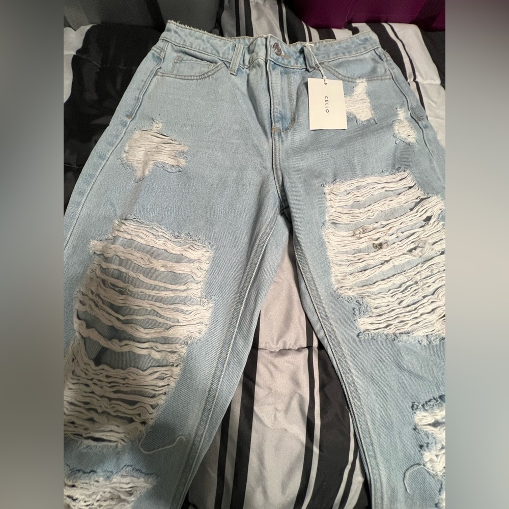 Cello Light High Rise all over distressed straight leg